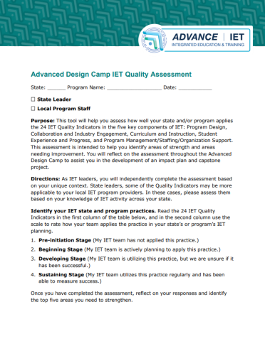 quality assessment cover page
